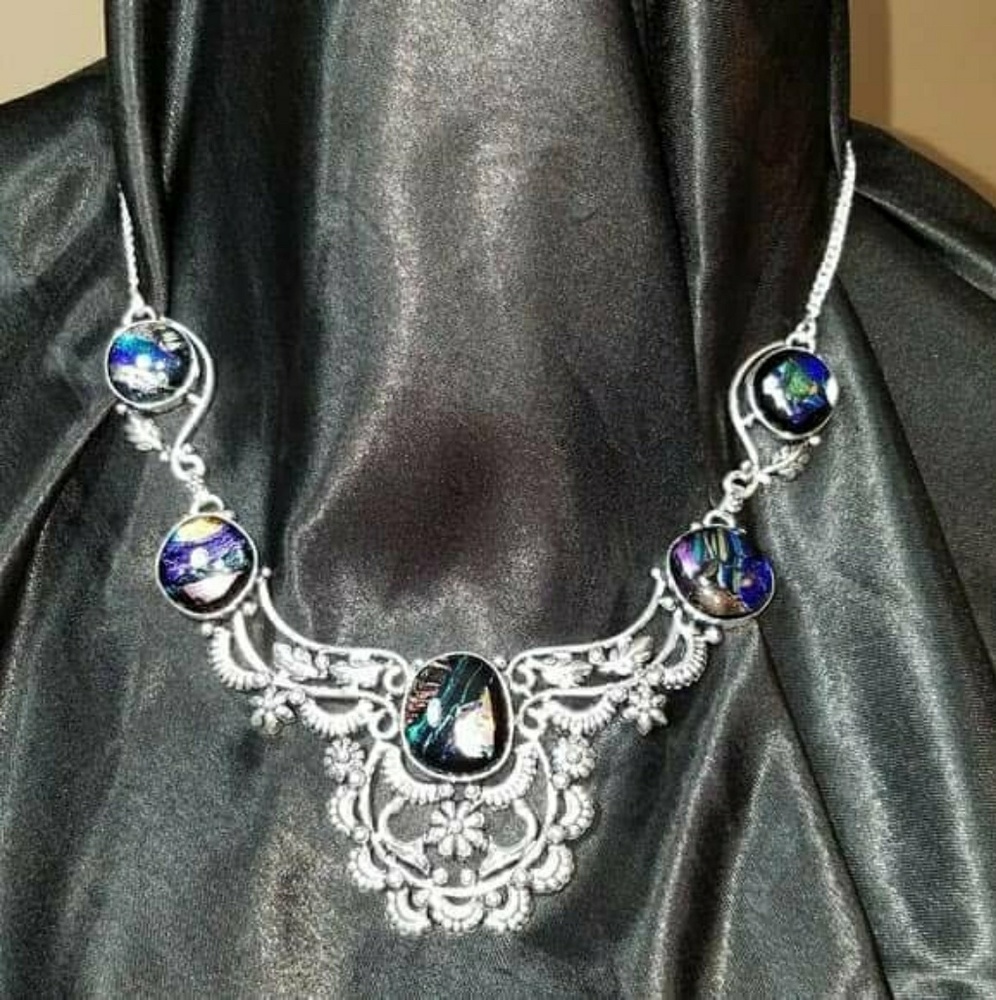 Rainbow Dichroic Glass 925 Statement/Bib Necklace